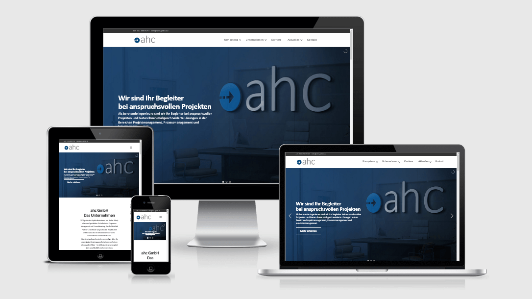 ahc Die Webseite der "ahc GmbH" dargestellt auf 4 verschiedenen Bildschirmgrößen (Handy, Tablet, Laptop und Desktopmonitor)