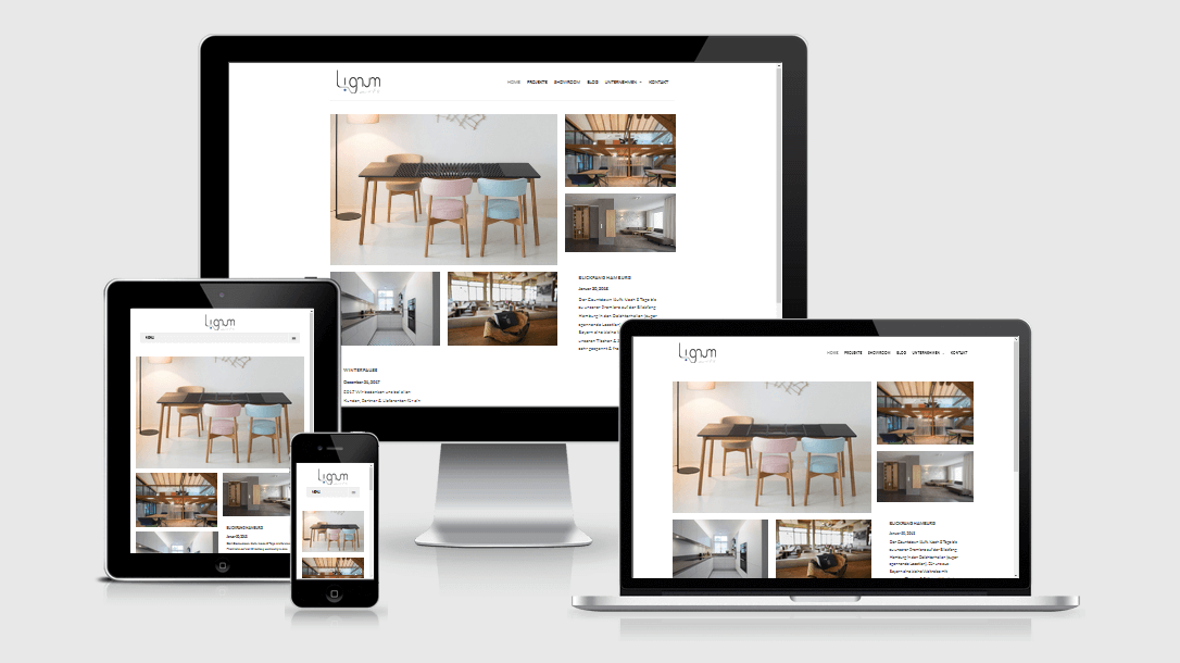 Die Webseite von "Lignum arts" dargestellt auf 4 verschiedenen Bildschirmgrößen (Handy, Tablet, Laptop und Desktopmonitor)