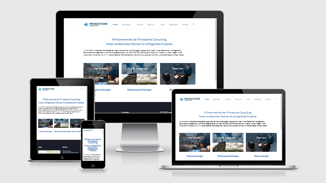 Die Webseite der "Primestone Consulting" dargestellt auf 4 verschiedenen Bildschirmgrößen (Handy, Tablet, Laptop und Desktopmonitor)