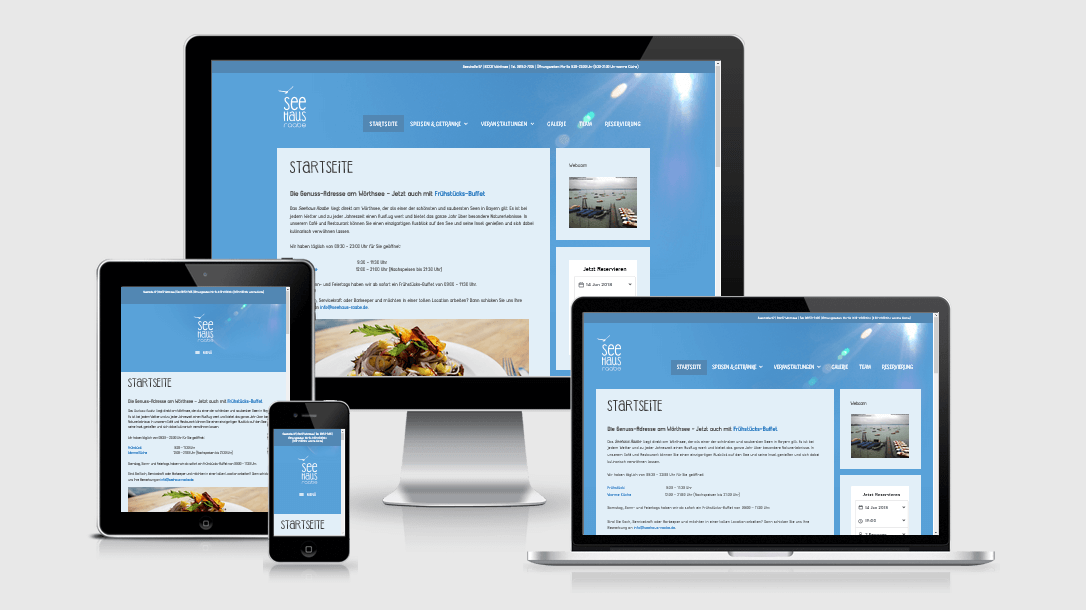 Die Webseite des "Seehaus Raabe" dargestellt auf 4 verschiedenen Bildschirmgrößen (Handy, Tablet, Laptop und Desktopmonitor)