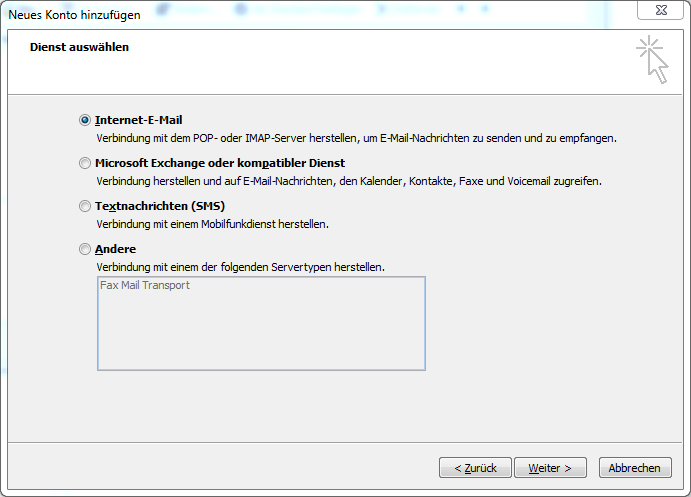 Screenshot Outlook Servertypen
