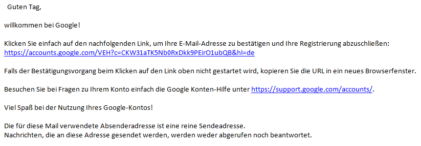 Ein screenshot der Email, die man von Google zur Bestätigung der Anmeldung bekommt