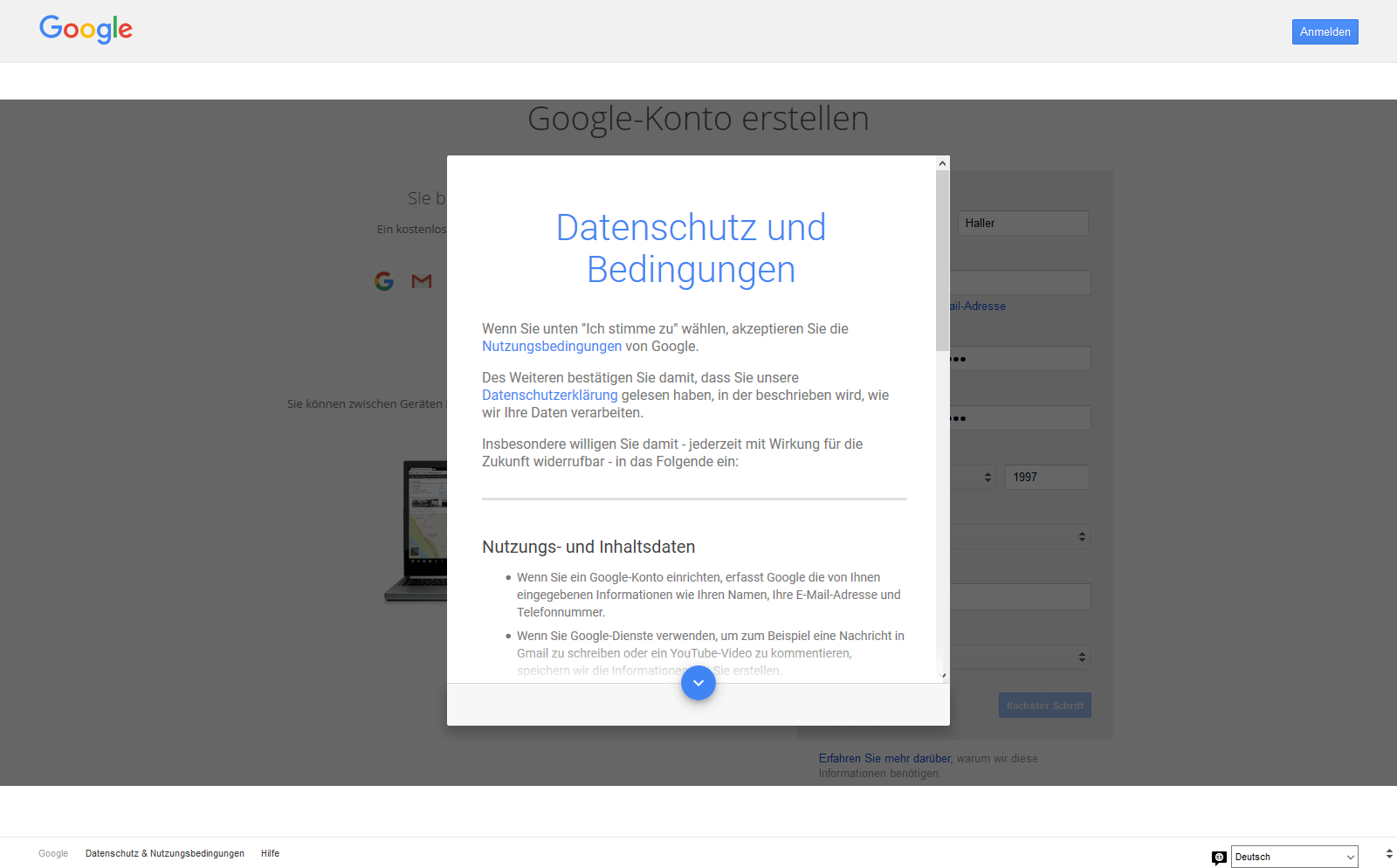 Ein screenshot der Google Seite "Datenschutz und Nutzungsbedingungen"