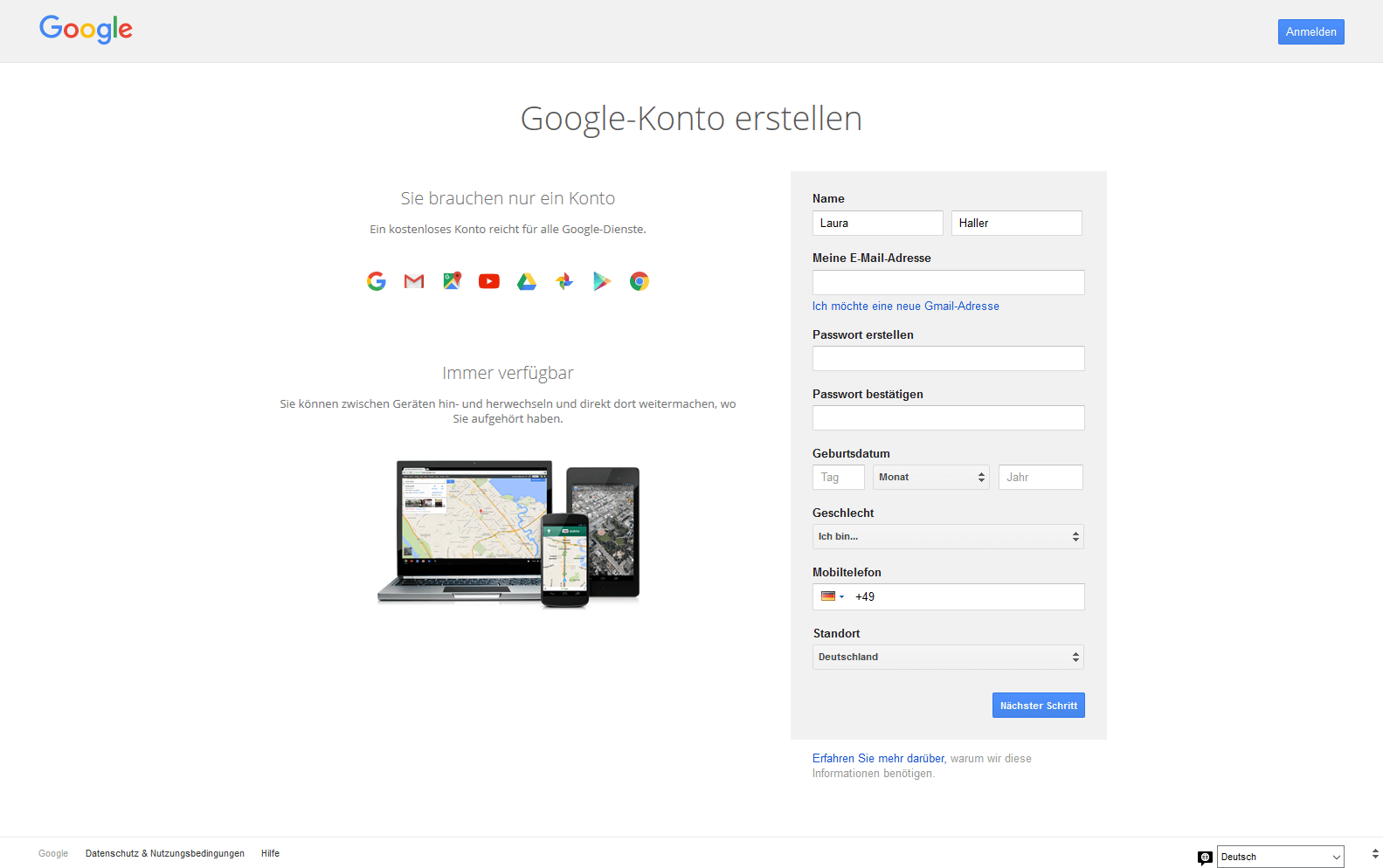 Ein screenshot der Webseite Google-Konto erstellen