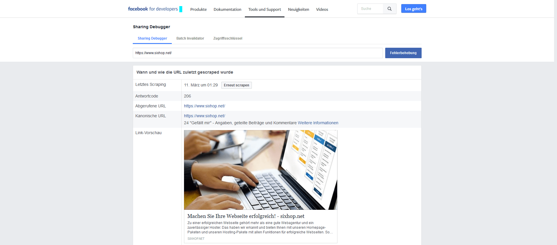 Facebook Developer Link Vorschau