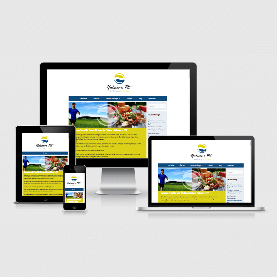 Die Webseite von "Hubner´s Fit" dargestellt auf 4 verschiedenen Bildschirmgrößen (Handy, Tablet, Laptop und Desktopmonitor)