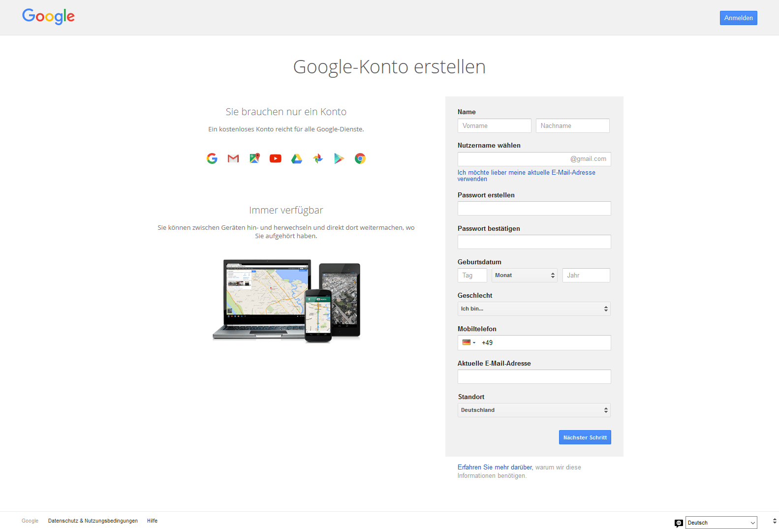 Ein screenshot der Webseite Google-Konto erstellen