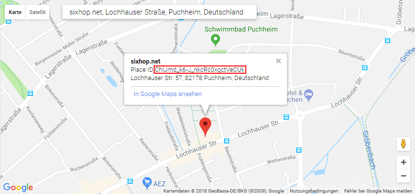 Ein screenshot von Google-Maps mit der Place-ID eines Google MyBusiness