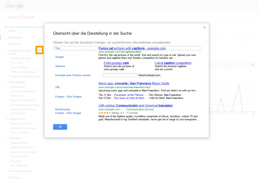 Screenshot der Search Console mit geöffnetem Darstellungspopup