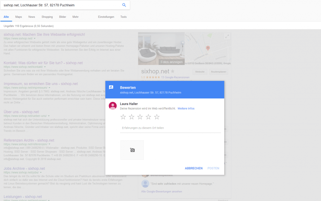 Ein screenshot der Maske zur Abgabe einer Google-Rezension