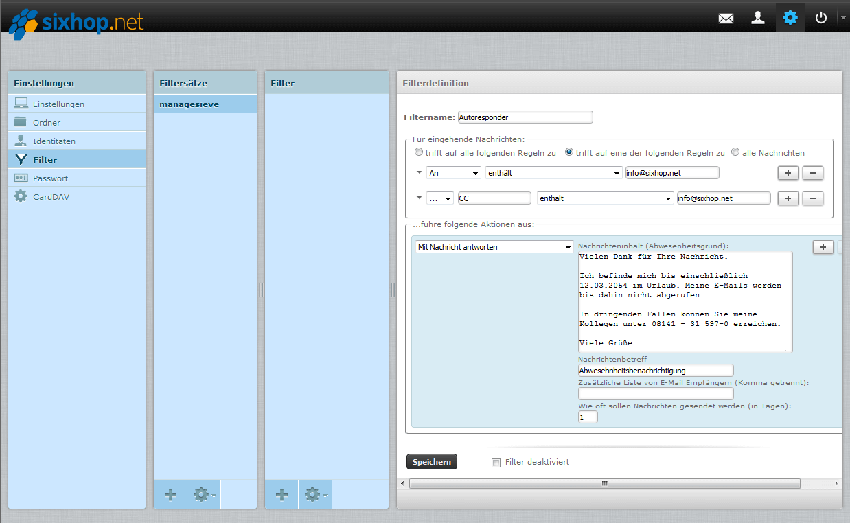 webmail_filter2 Ein screenshot des Filters des sixhop.net Webmailers