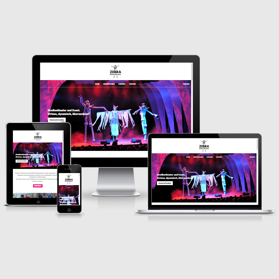 Die Webseite des "ZEBRA Stelzentheaters" dargestellt auf 4 verschiedenen Bildschirmgrößen (Handy, Tablet, Laptop und Desktopmonitor)